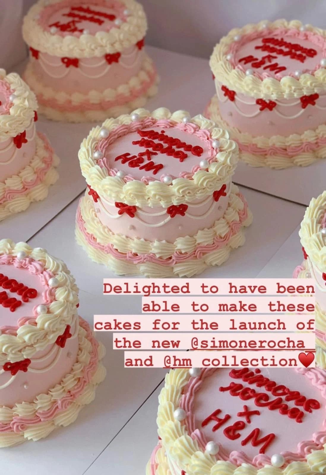 Pink and cream vintage-piped cakes made for the Simone Rocha x H&M collection launch