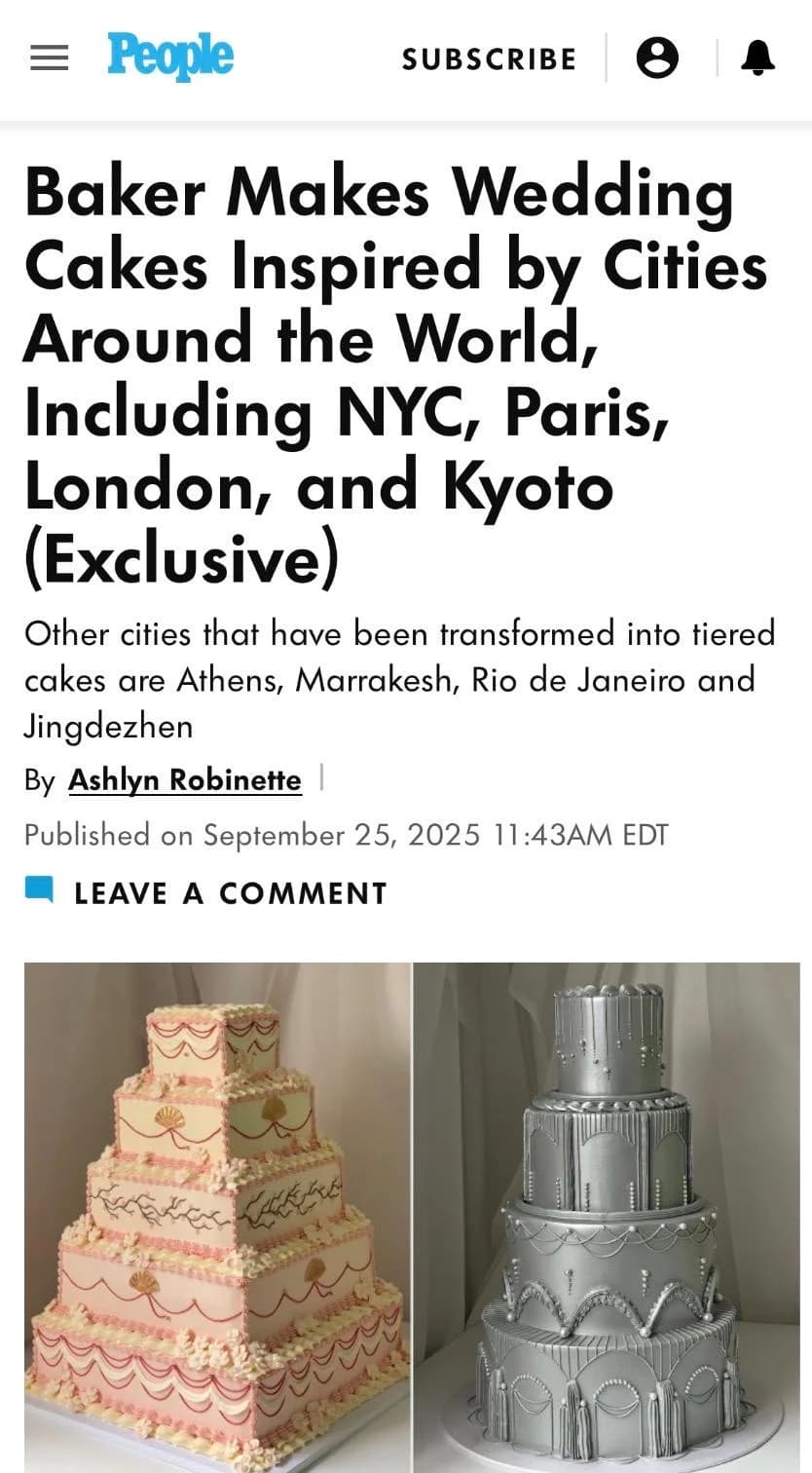 People magazine article featuring April's wedding cakes inspired by cities around the world